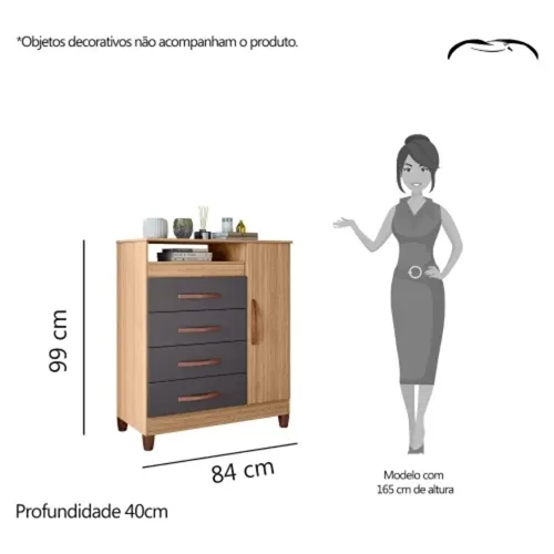 Cômoda Sapateira 1 Porta 4 Gavetas Turquesa Nature/Titanium
