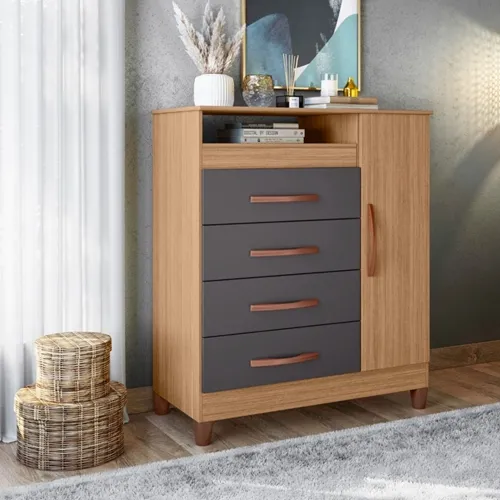 Cômoda Sapateira 1 Porta 4 Gavetas Turquesa Nature/Titanium