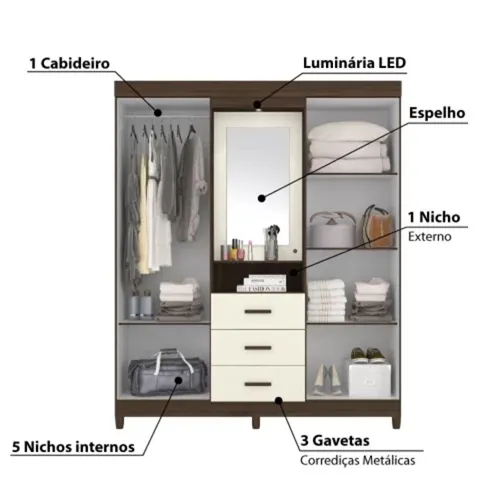 Guarda-Roupa Casal Ágata 04 Portas 3 Gavetas com Espelho Cedro/Off White