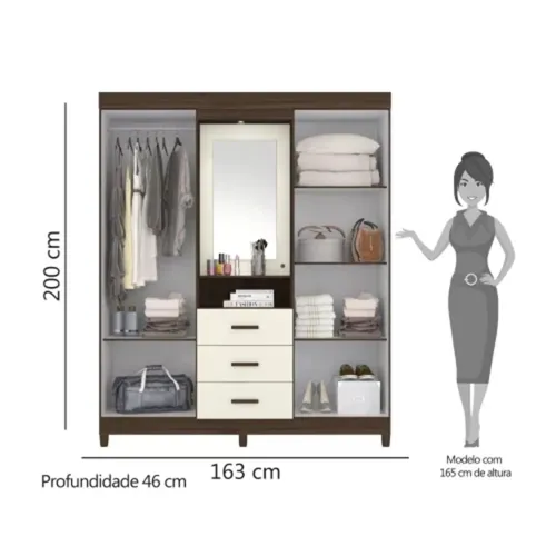 Guarda-Roupa Casal Ágata 04 Portas 3 Gavetas com Espelho Cedro/Off White