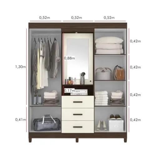 Guarda-Roupa Casal Ágata 04 Portas 3 Gavetas com Espelho Cedro/Off White