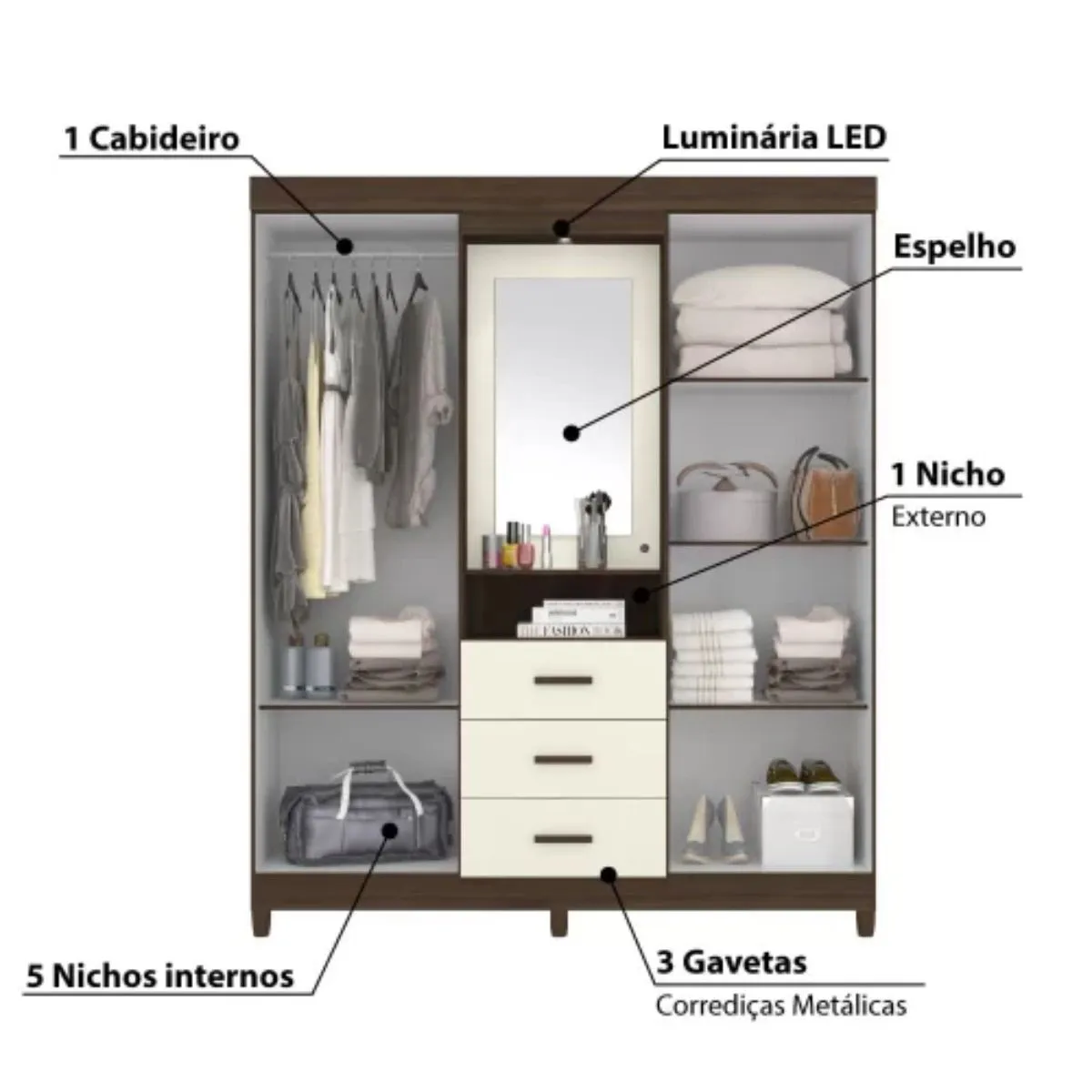 Guarda-Roupa Casal Ágata 04 Portas 3 Gavetas com Espelho Cedro/Off White