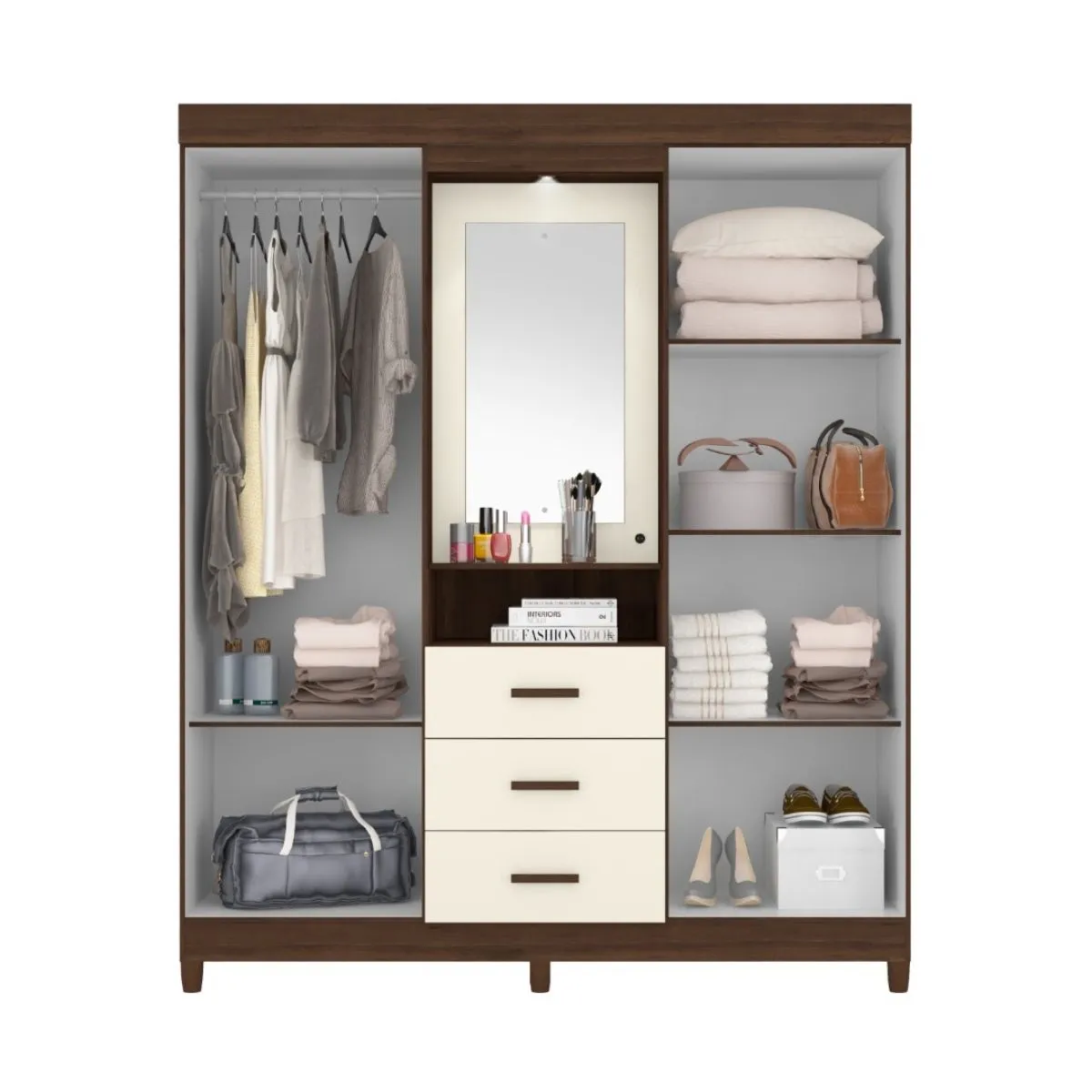 Guarda-Roupa Casal Ágata 04 Portas 3 Gavetas com Espelho Cedro/Off White