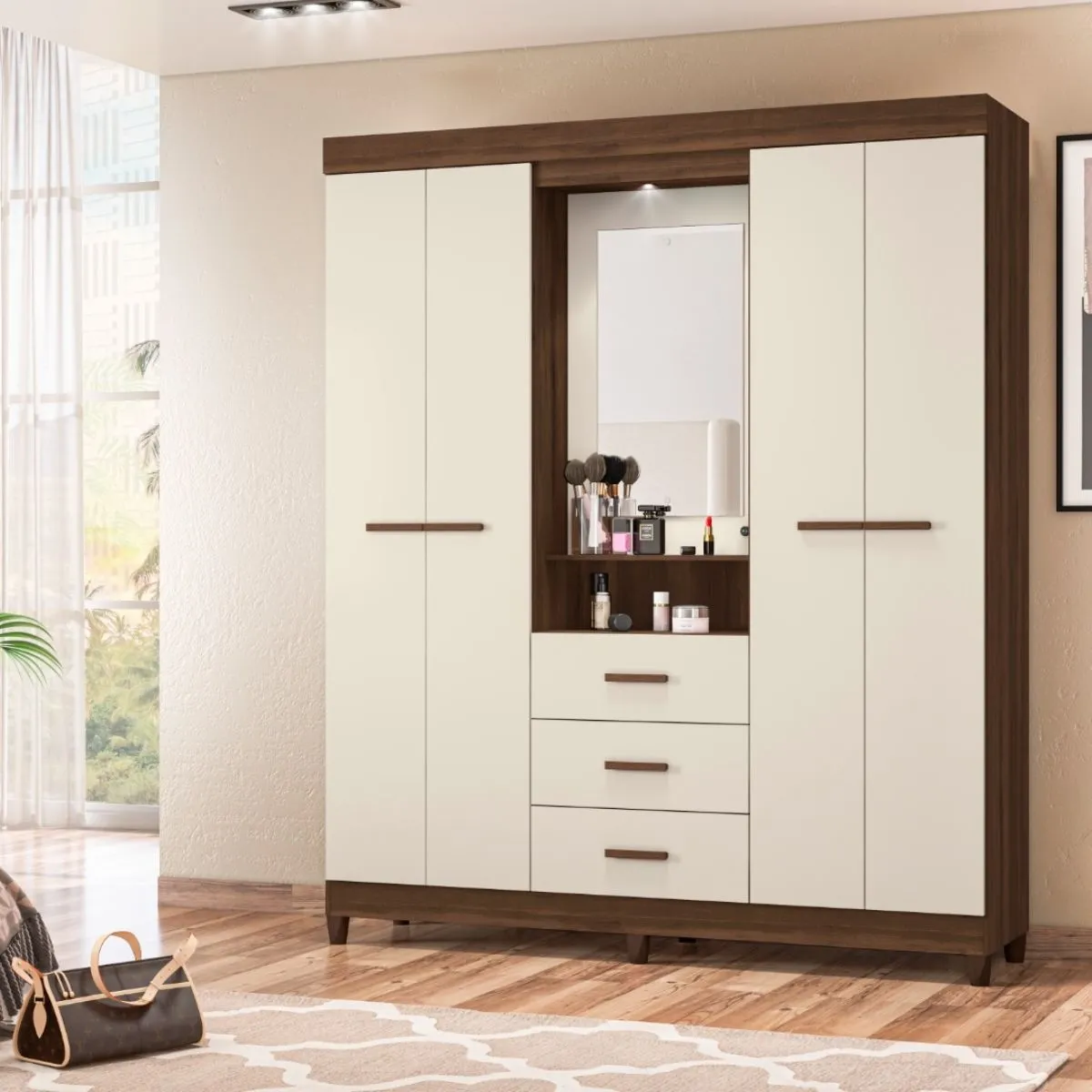 Guarda-Roupa Casal Ágata 04 Portas 3 Gavetas com Espelho Cedro/Off White