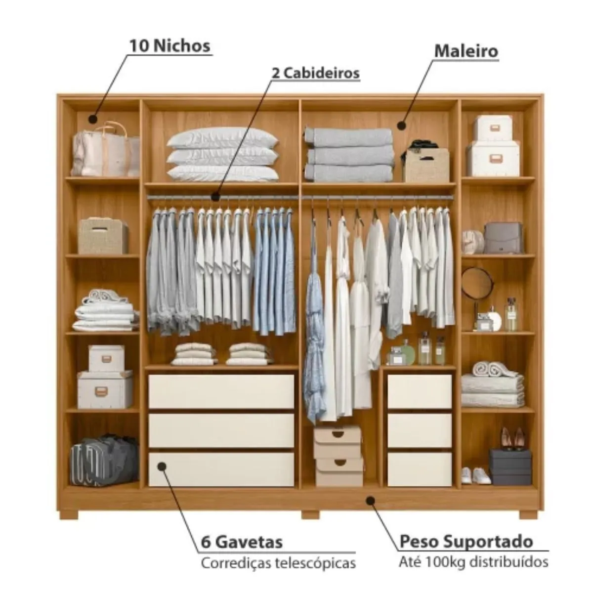 Guarda-Roupa Casal com Espelho 6 Portas 6 Gavetas Fascínio Carvalho Grife/Off White