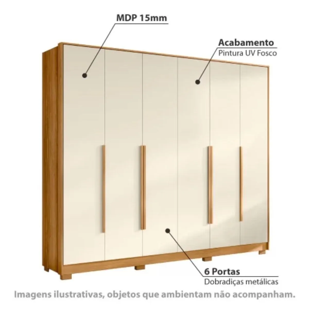 Guarda-Roupa Casal com Espelho 6 Portas 6 Gavetas Fascínio Carvalho Grife/Off White