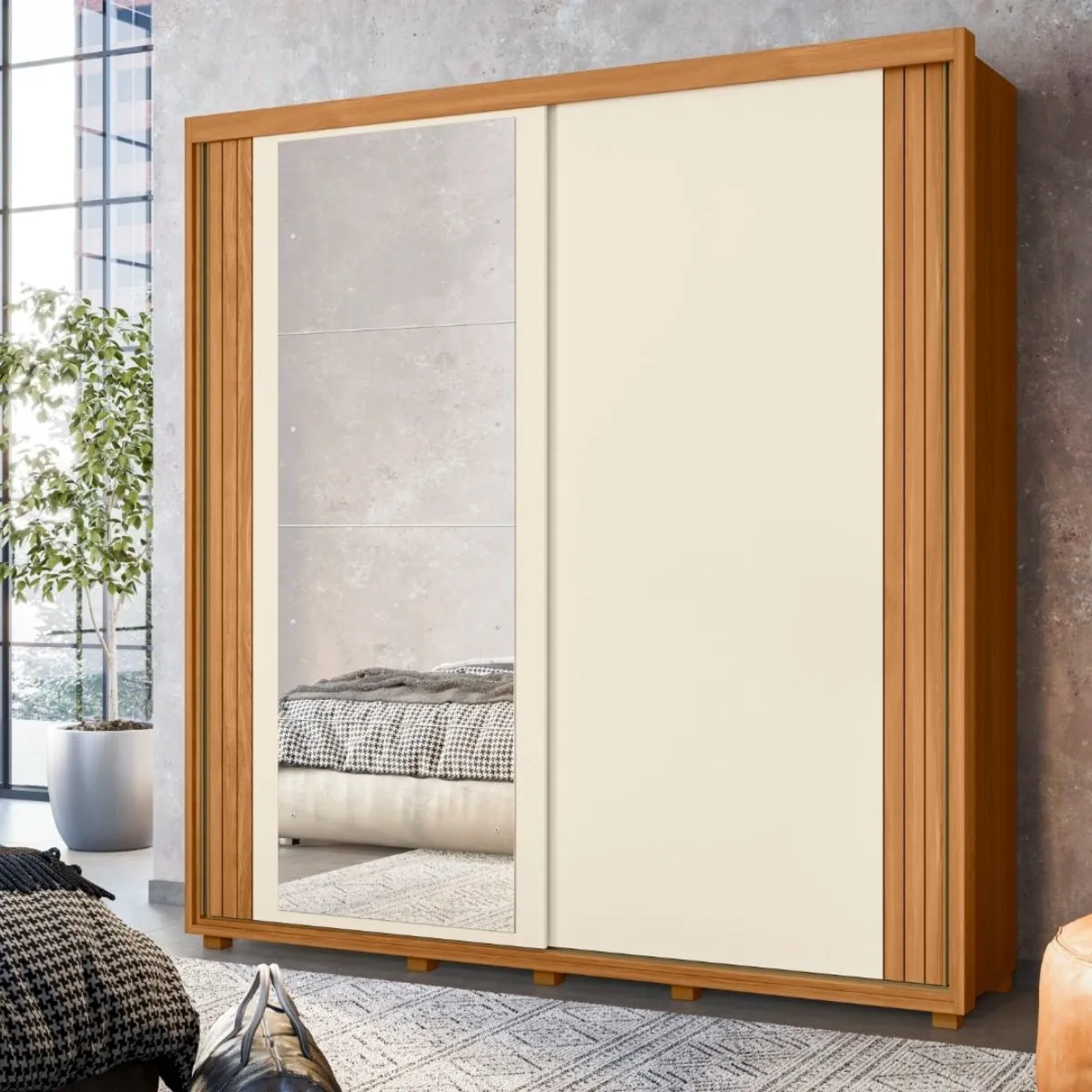 Guarda-Roupa Casal 2 Portas de Correr Viena com Espelho Carvalho Grife/Off White