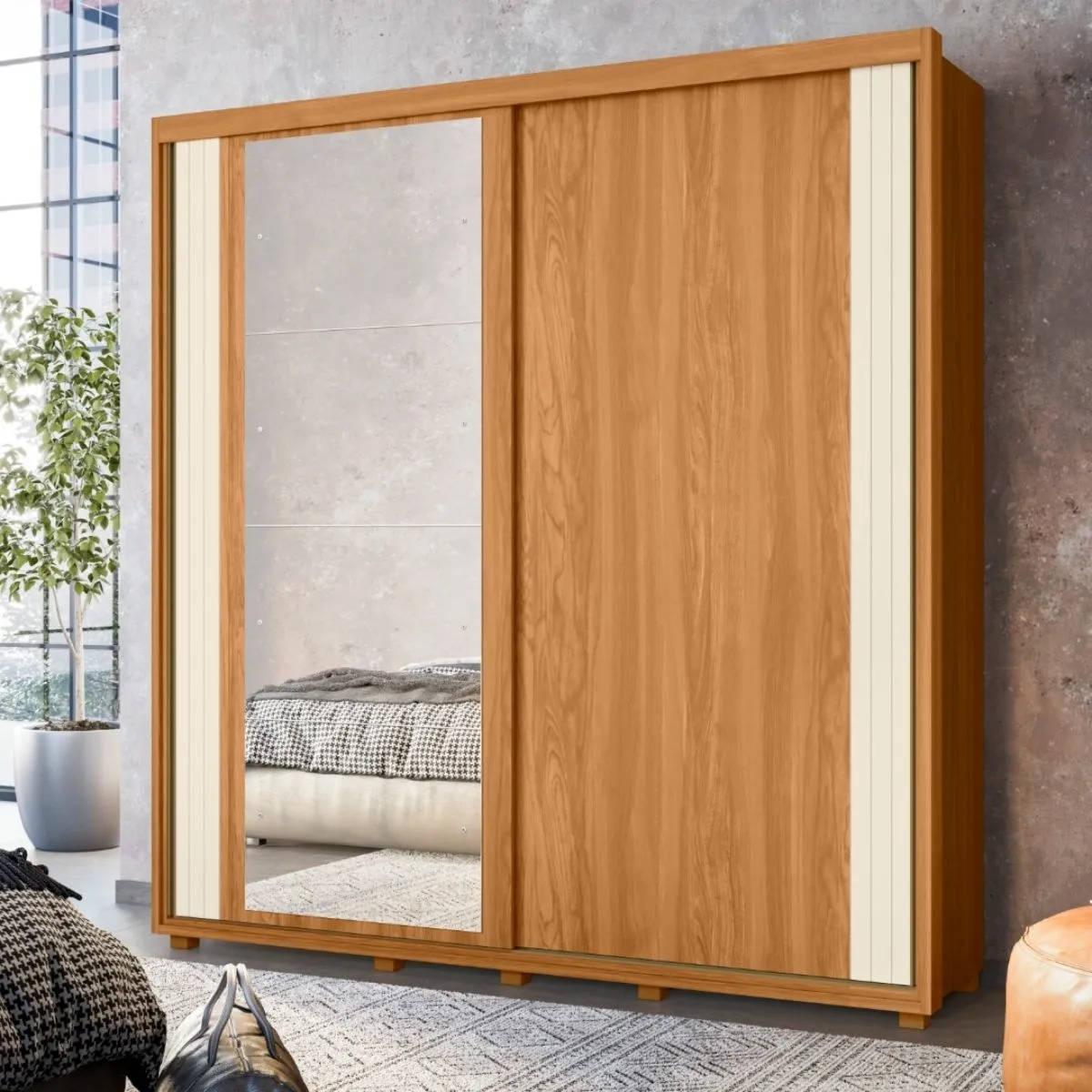 Guarda-Roupa Casal 2 Portas de Correr Viena com Espelho Carvalho Grife/Off White