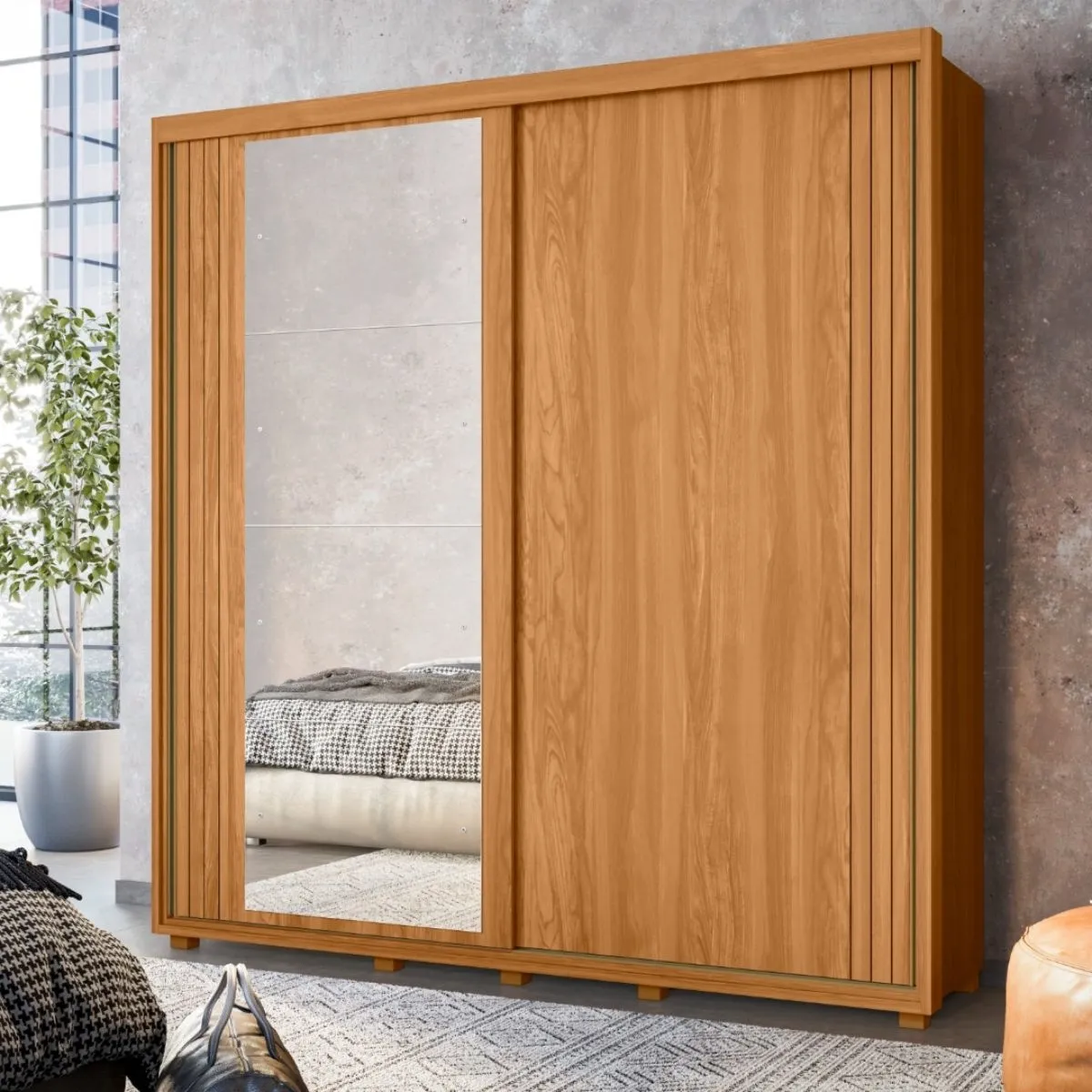 Guarda-Roupa Casal 2 Portas de Correr Viena com Espelho Carvalho Grife/Off White