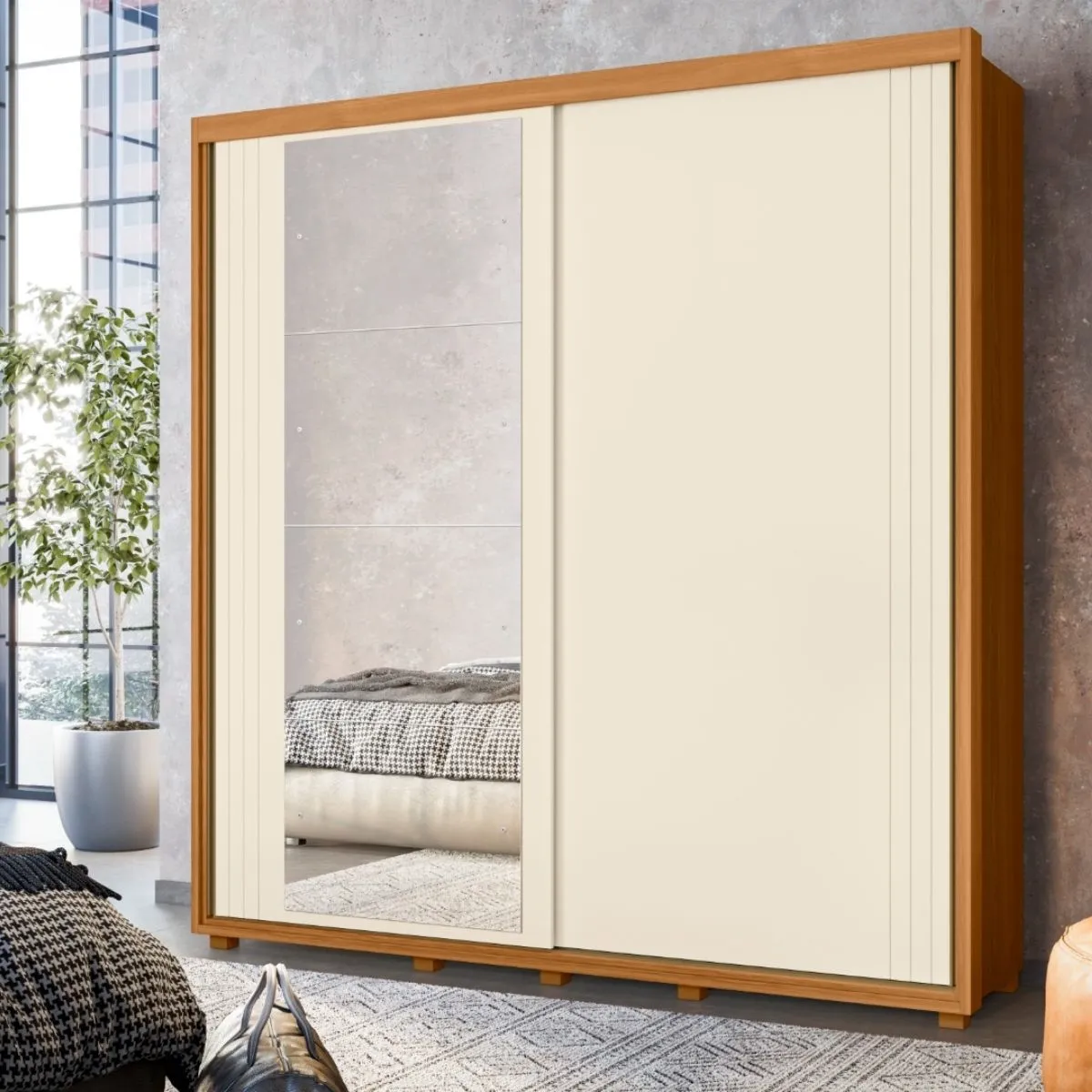 Guarda-Roupa Casal 2 Portas de Correr Viena com Espelho Carvalho Grife/Off White