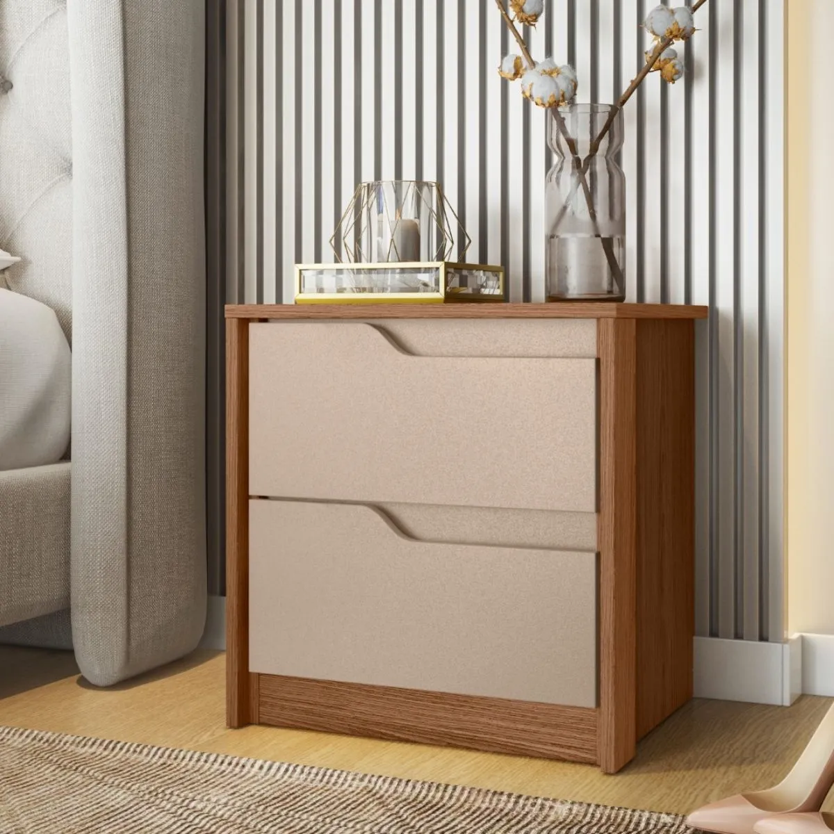 Mesa de Cabeceira 2 Gavetas Flex Doble Avelã/Fendi Metallic