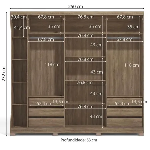Guarda-Roupa Casal 3 Portas 6 Gavetas Kappesberg Nogal F542