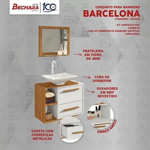 Conjunto para Banheiro Barcelona Com Cuba e Espelheira Cinamomo Branco