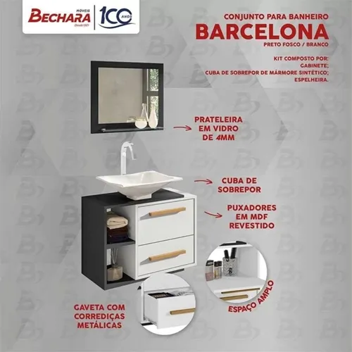 Conjunto para Banheiro Barcelona Com Cuba e Espelheira Preto Fosco Branco