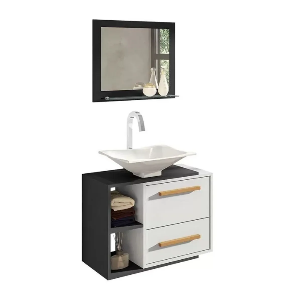 Conjunto para Banheiro Barcelona Com Cuba e Espelheira Preto Fosco Branco