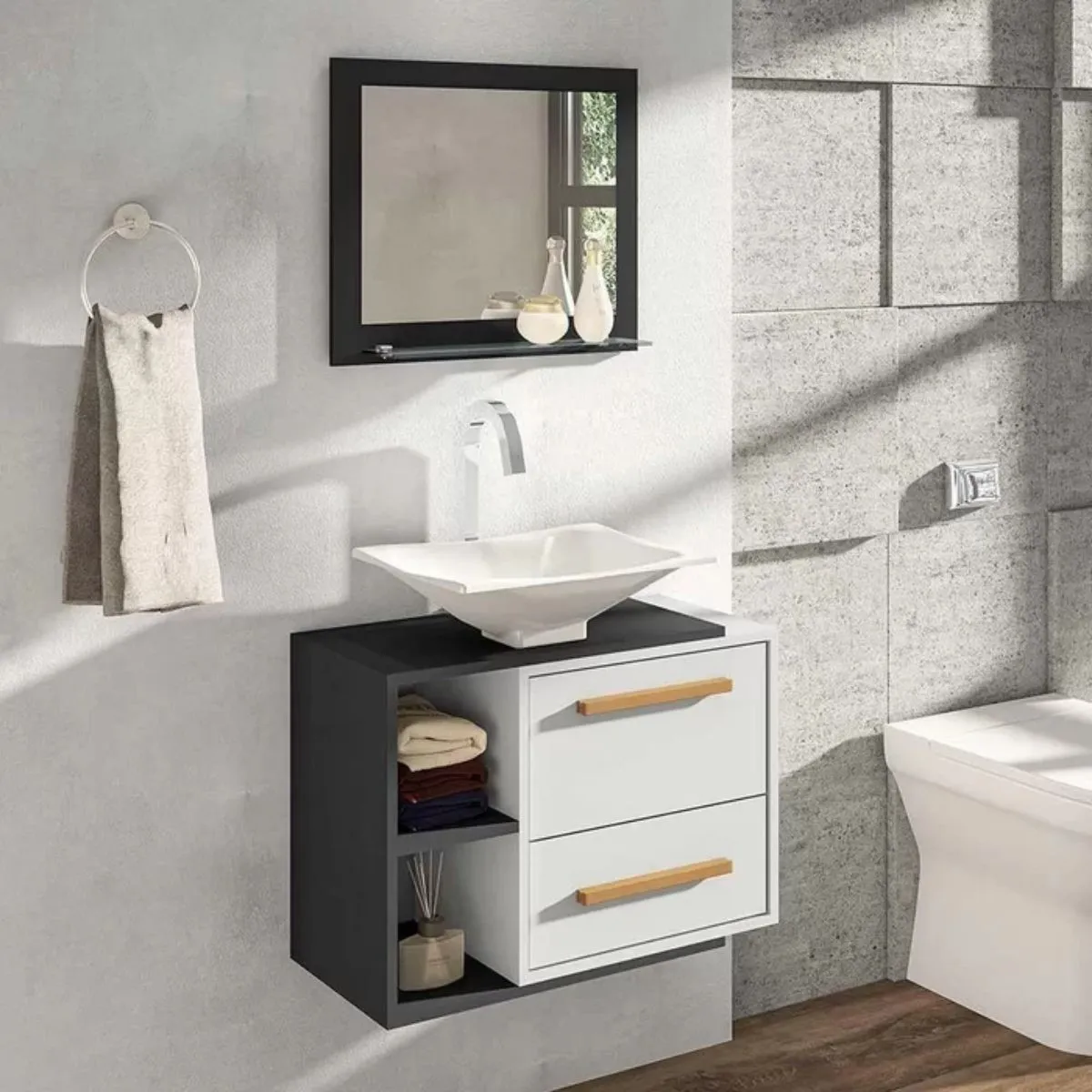 Conjunto para Banheiro Barcelona Com Cuba e Espelheira Preto Fosco Branco