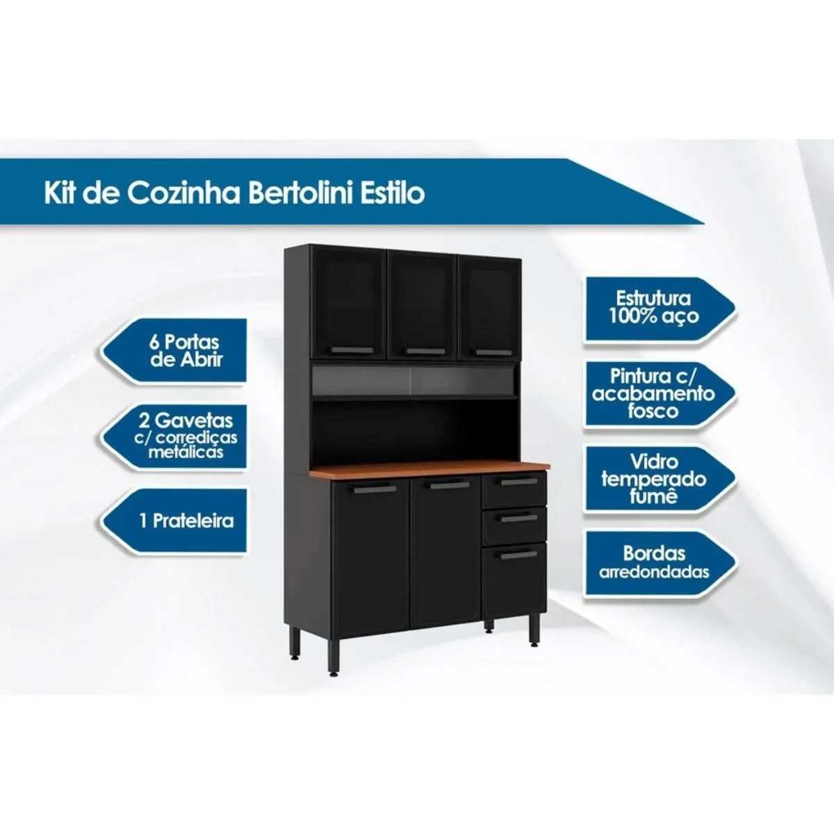 Armário de Aço Para Cozinha Estilo 6 Portas 2 Gavetas Grafite/Cinza