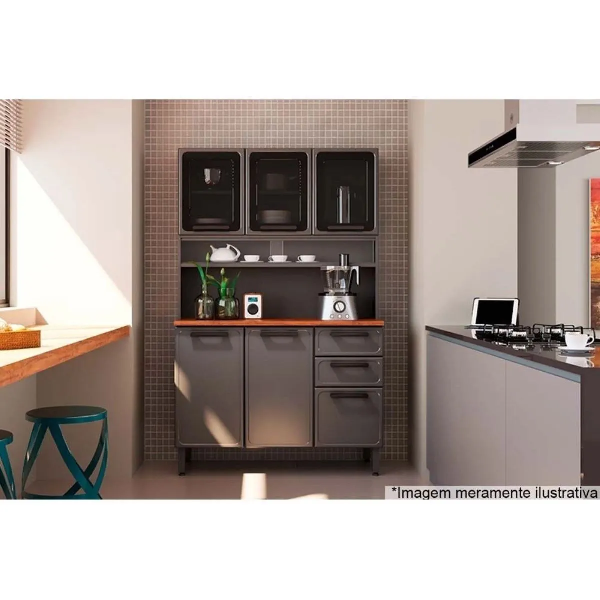 Armário de Aço Para Cozinha Estilo 6 Portas 2 Gavetas Grafite/Cinza