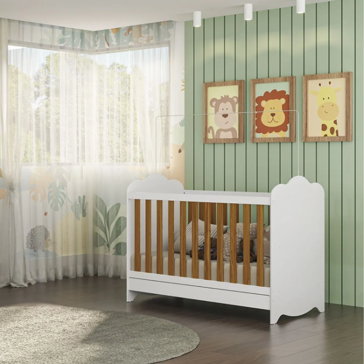 Berço Americano Clara Mini Cama 3 em 1 Branco Brilho/Amêndoa