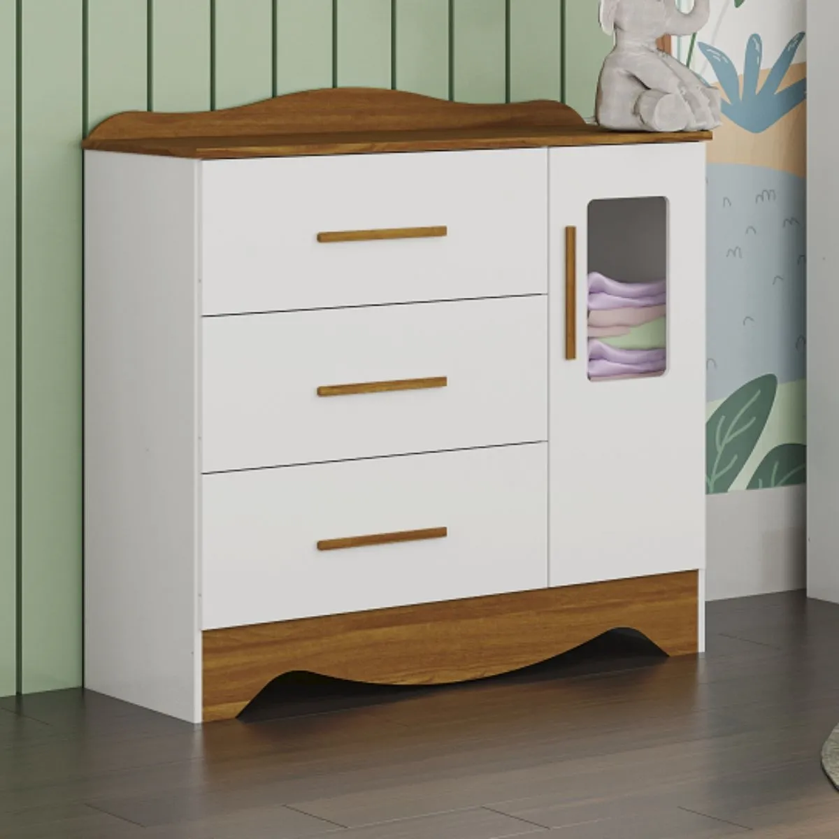 Cômoda Infantil Clara 1 Porta 3 Gavetas Branco Brilho/Amêndoa
