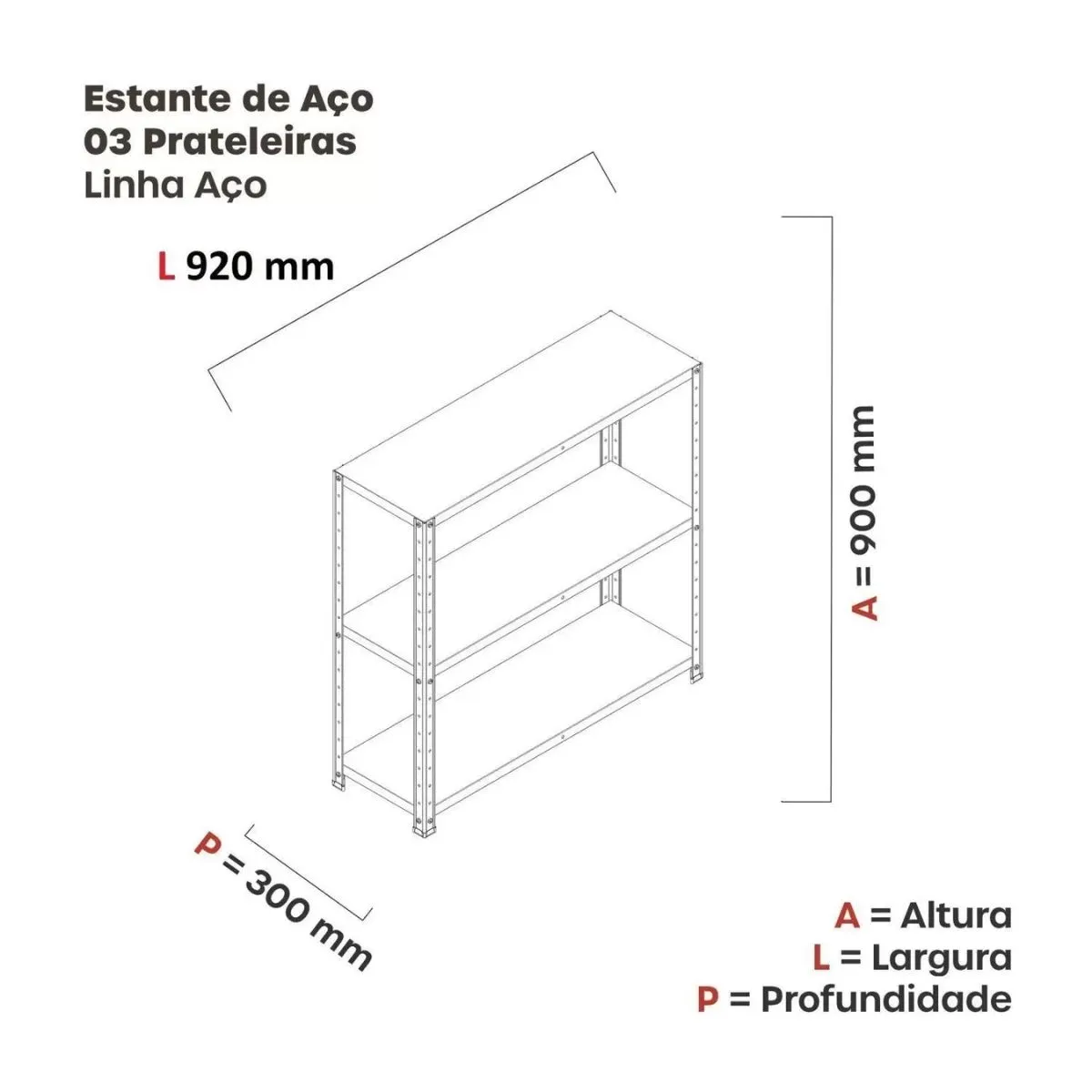 Estante De Aço Pandin Multiuso Com 3 Prateleiras 900x92x300mm EDP03 Vermelho