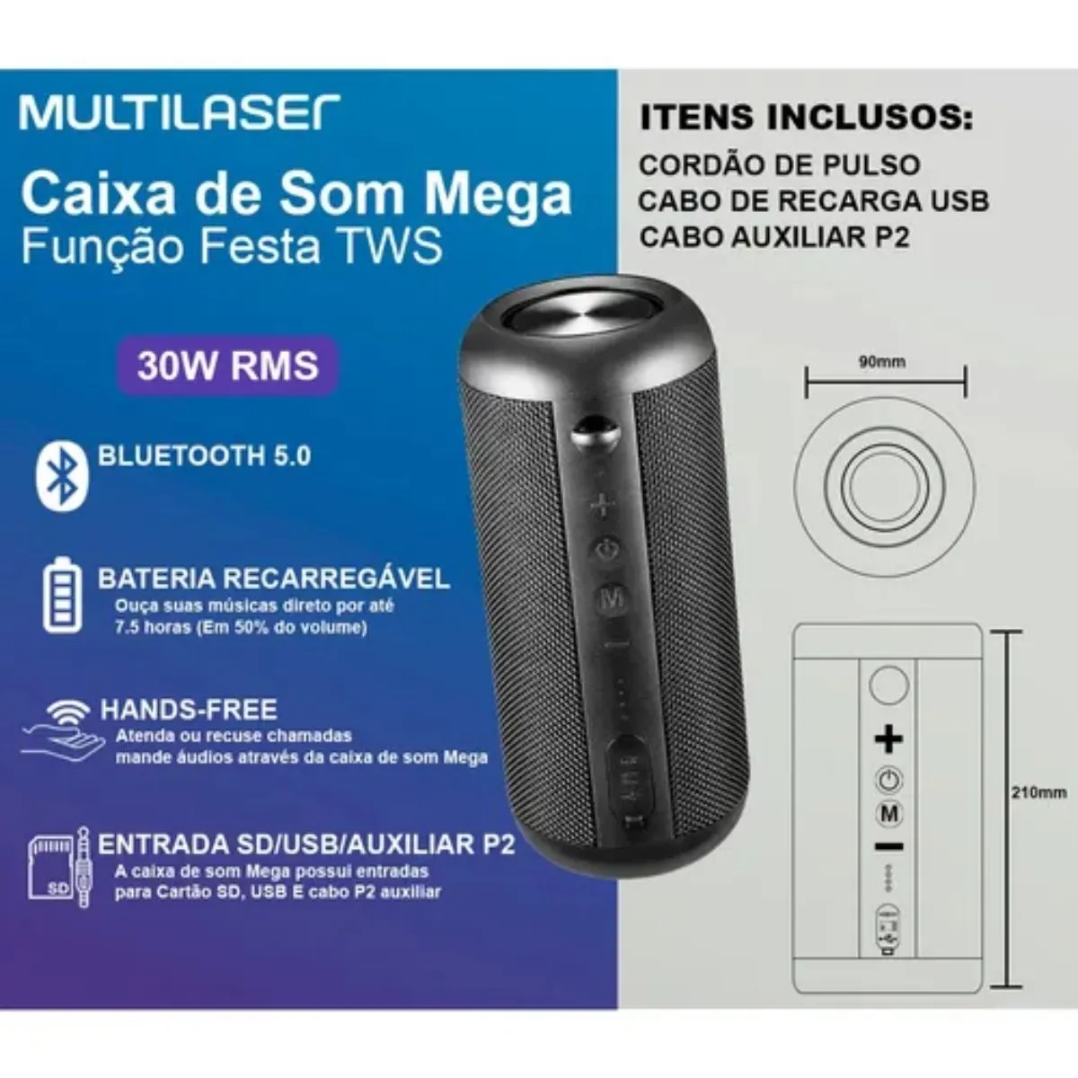Caixa de Som Speaker Mega Multilaser Preta 30W BT/Aux/SD SP348