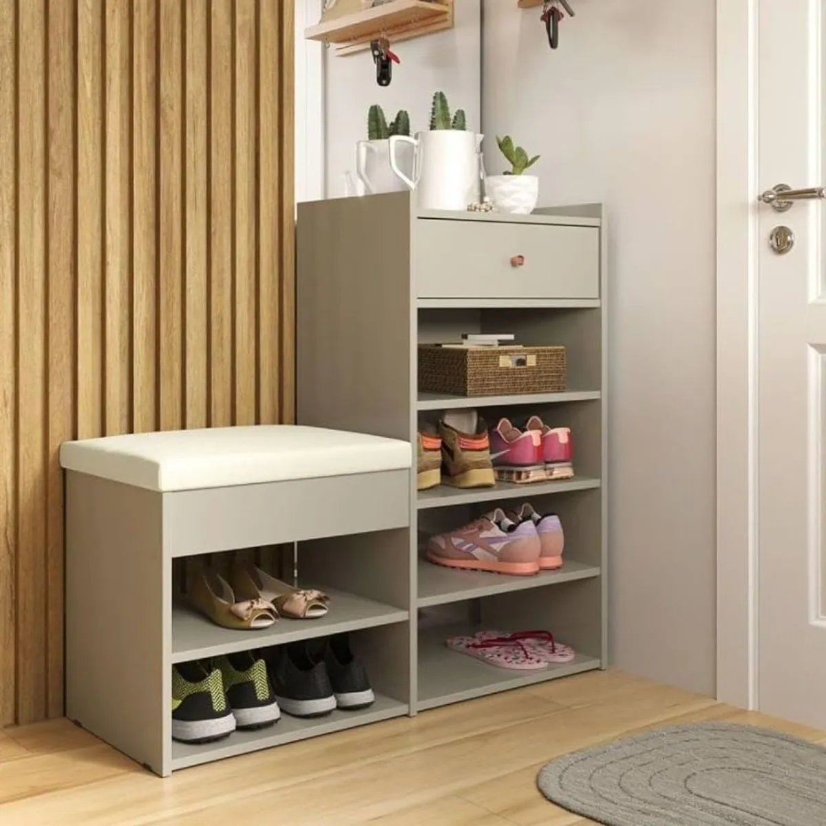 Sapateira Hall Com Assento Almofadado 1 Gaveta Off White