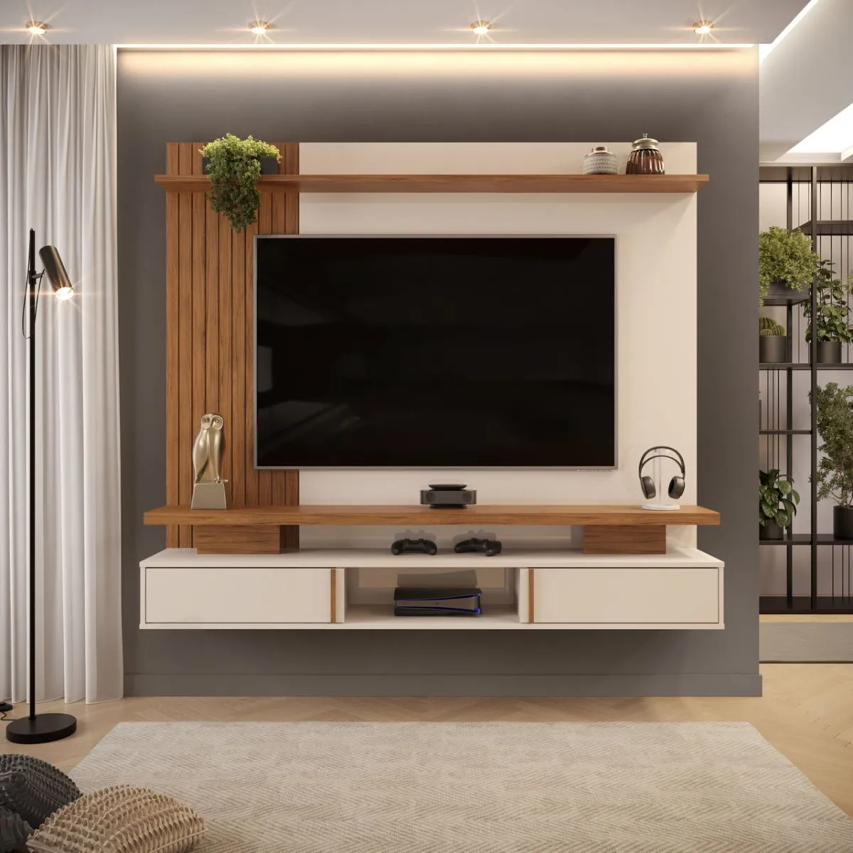 Painel Leoni Para TV Até 65 Polegadas Off White/Freijó