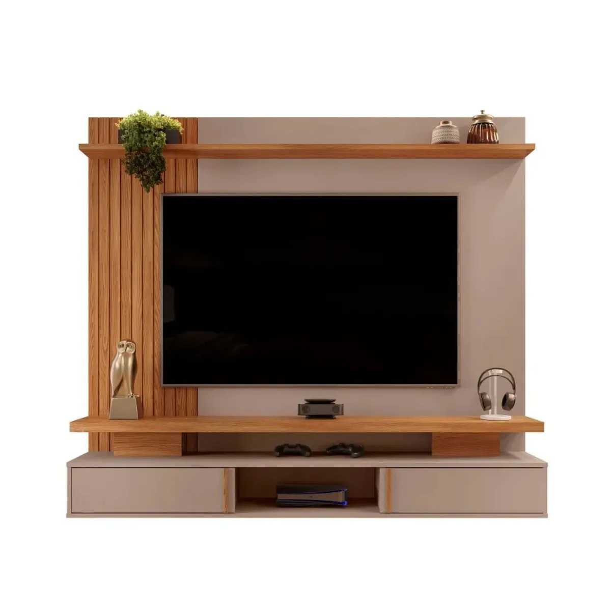 Painel Leoni Para TV Até 65 Polegadas Griz/Carvalho Nobre