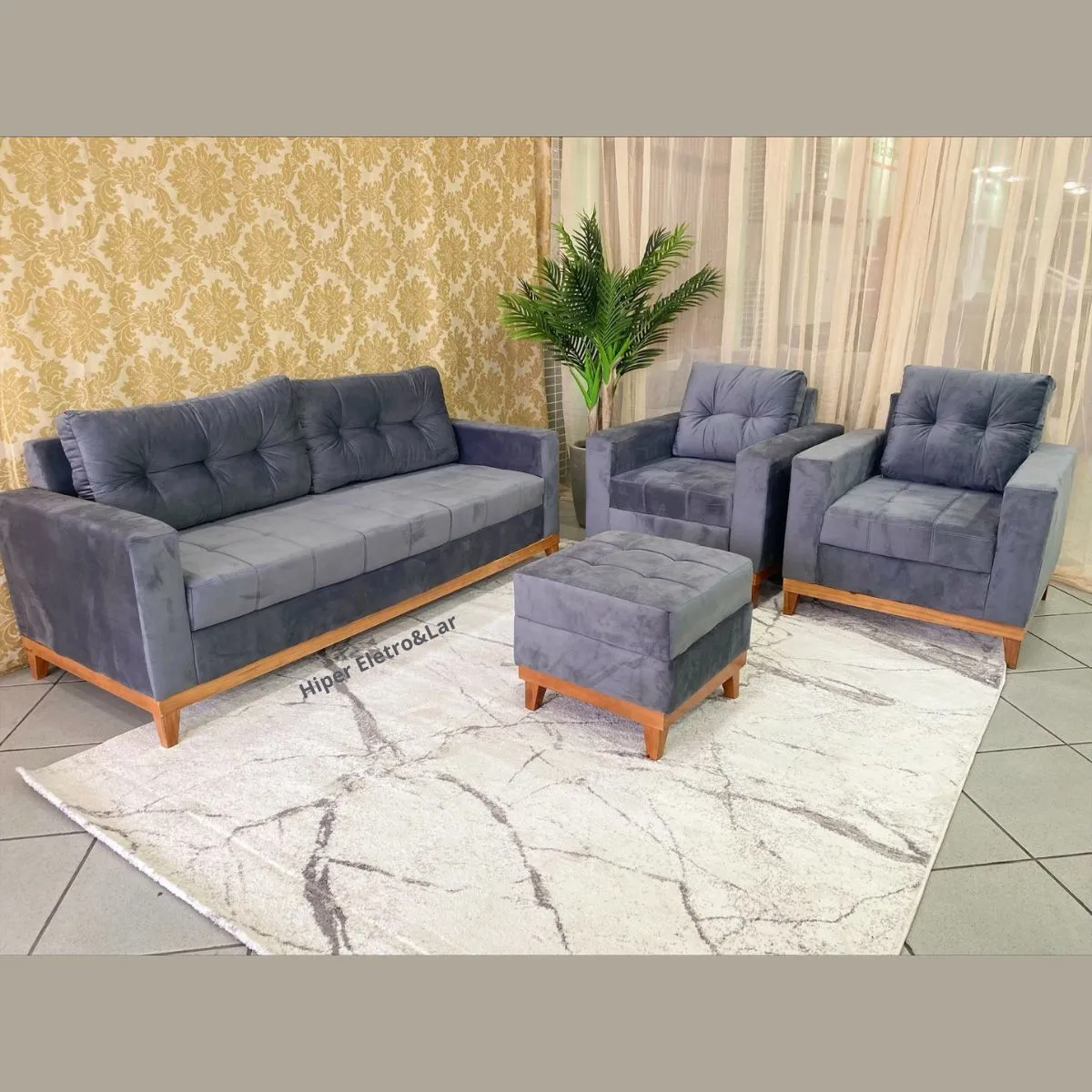 Kit de Sofá Empório + 2 Poltronas + Puff com Pés Tecido Veludo Animale Cinza