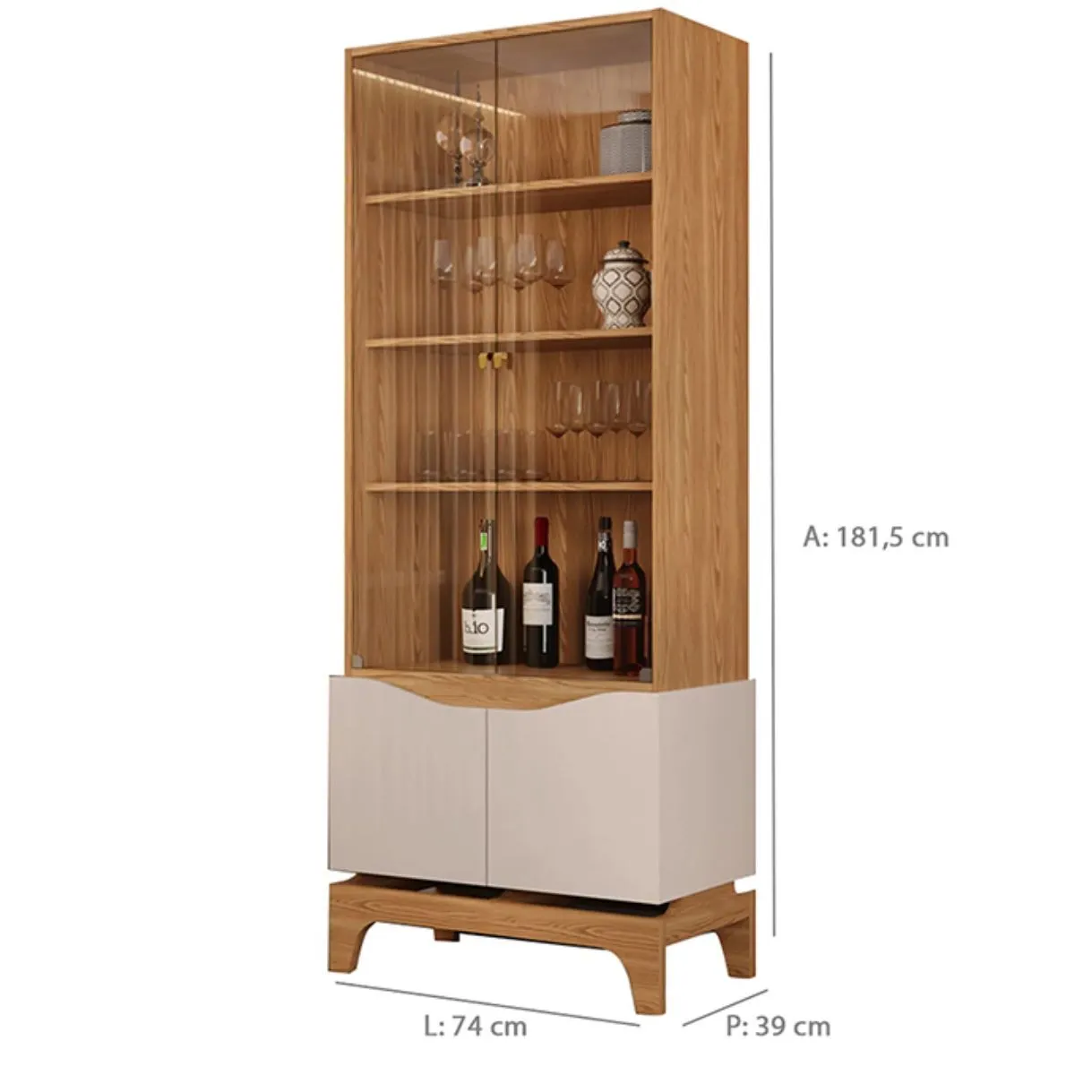 Cristaleira Nice 2 Portas em Vidro 2 Portas em MDF 3 Prateleiras Carvalho Nobre/Off White DJ