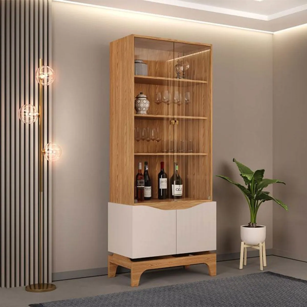 Cristaleira Nice 2 Portas em Vidro 2 Portas em MDF 3 Prateleiras Carvalho Nobre/Off White DJ