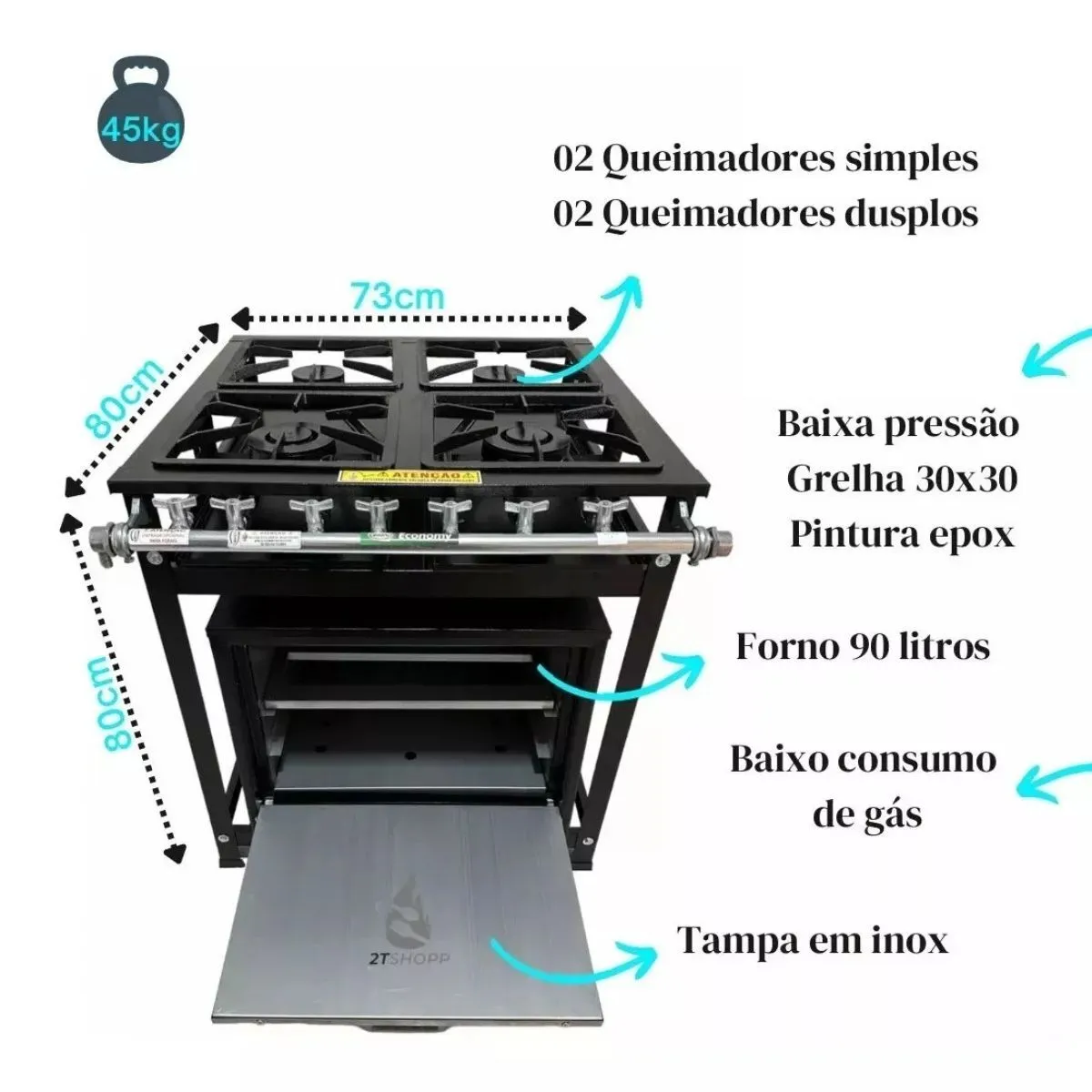 Fogão Industrial 4 Bocas 30x30 2QS 2QD Com Forno BP Standard - Cristal Aço