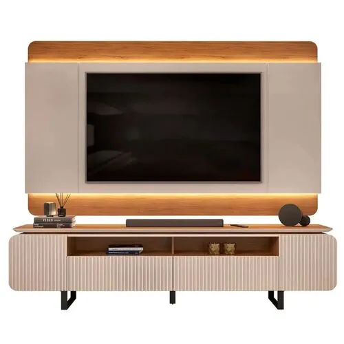 Bancada Com Painel Firenze 3D Para TV Até 65 Polegadas Off White/Freijó - DJ Móveis