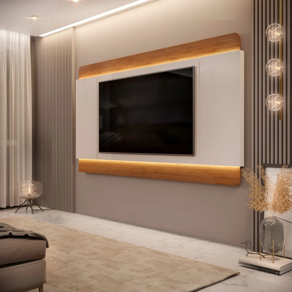 Bancada Com Painel Firenze 3D Para TV Até 65 Polegadas Off White/Freijó - DJ Móveis