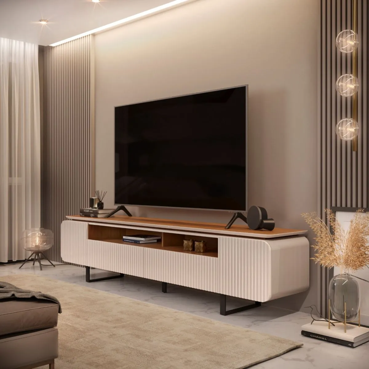 Bancada Com Painel Firenze 3D Para TV Até 65 Polegadas Off White/Freijó - DJ Móveis