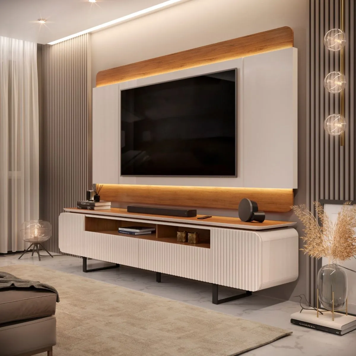 Bancada Com Painel Firenze 3D Para TV Até 65 Polegadas Off White/Freijó - DJ Móveis