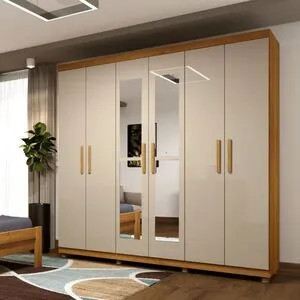 Guarda-Roupa Casal Olimpo Com Espelho 6 portas 3 Gavetas e Pés Cinamomo/Off White - Tcil
