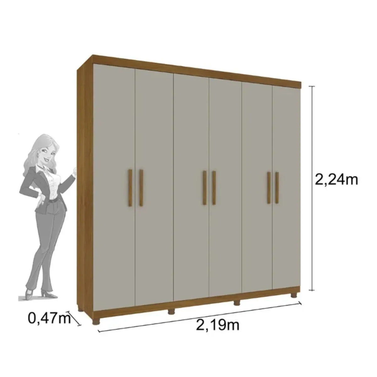 Guarda-Roupa Casal Olimpo Com Espelho 6 portas 3 Gavetas e Pés Cinamomo/Off White - Tcil