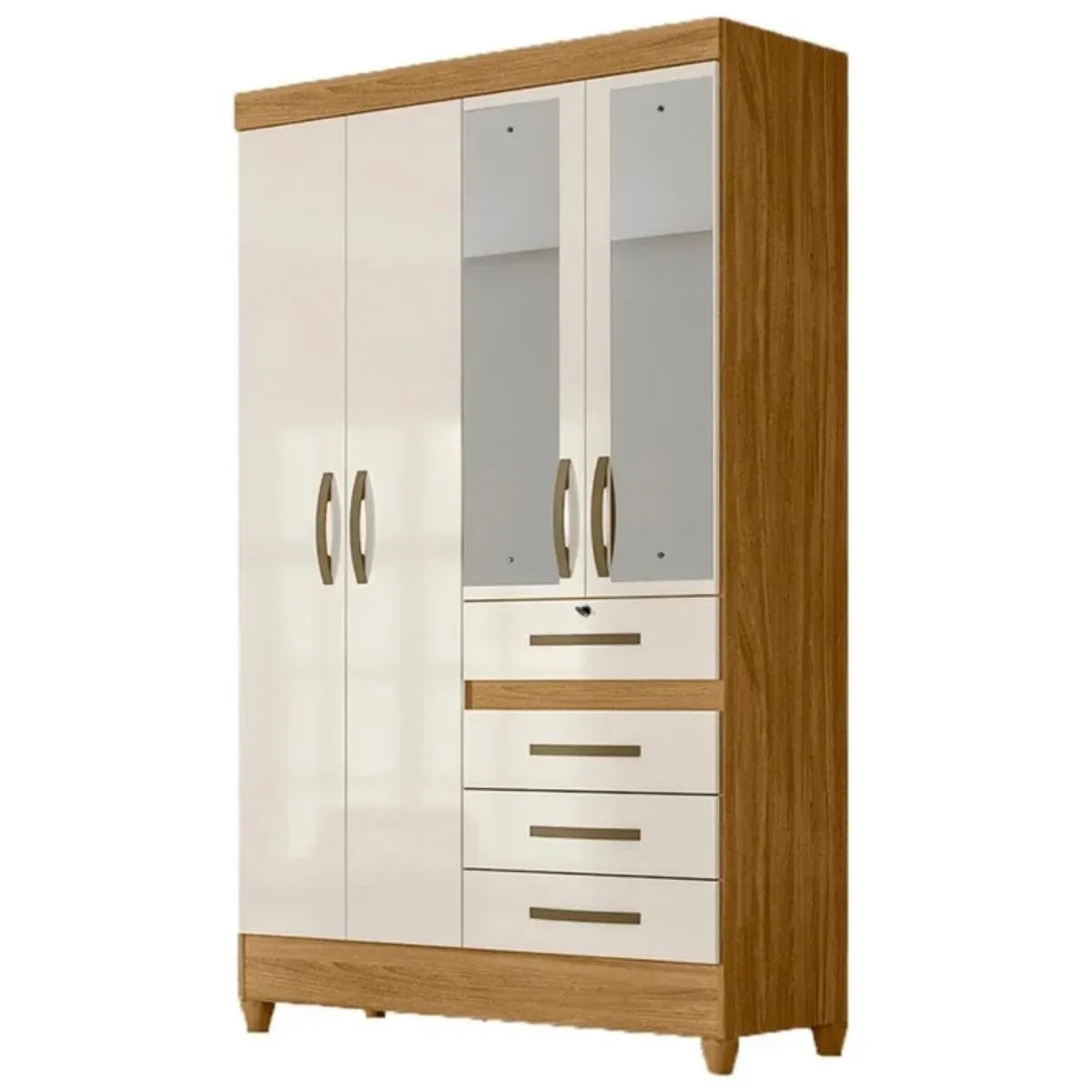 Guarda-Roupa Solteiro Sobral 4 Portas 4 Gavetas Com Espelho 870032 Freijó Off White