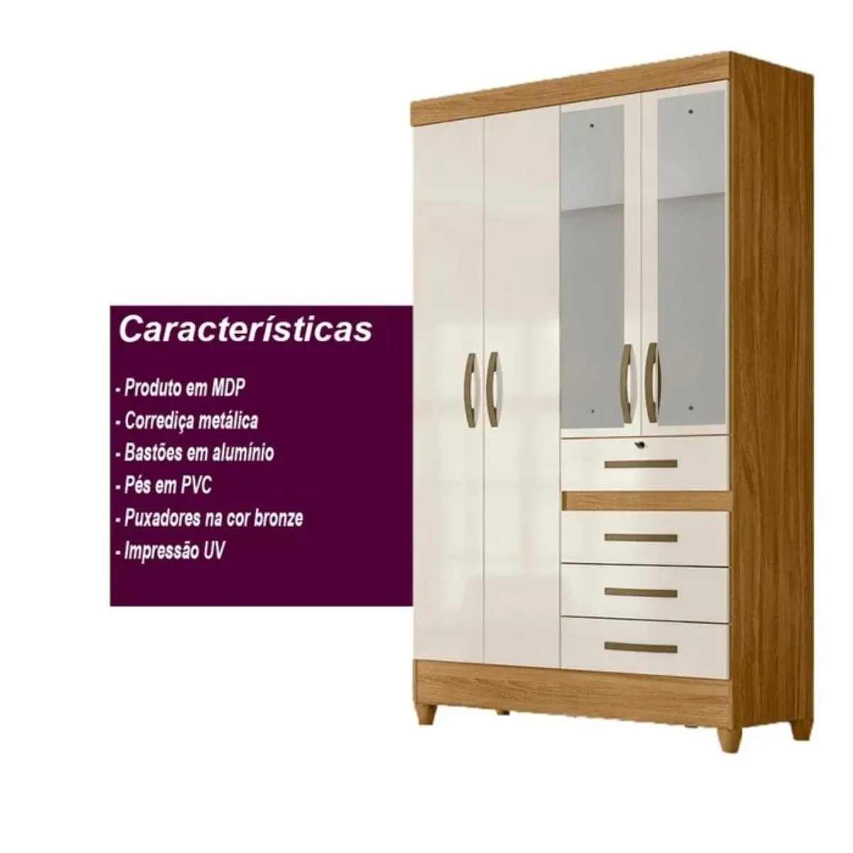 Guarda-Roupa Solteiro Sobral 4 Portas 4 Gavetas Com Espelho 870032 Freijó Off White