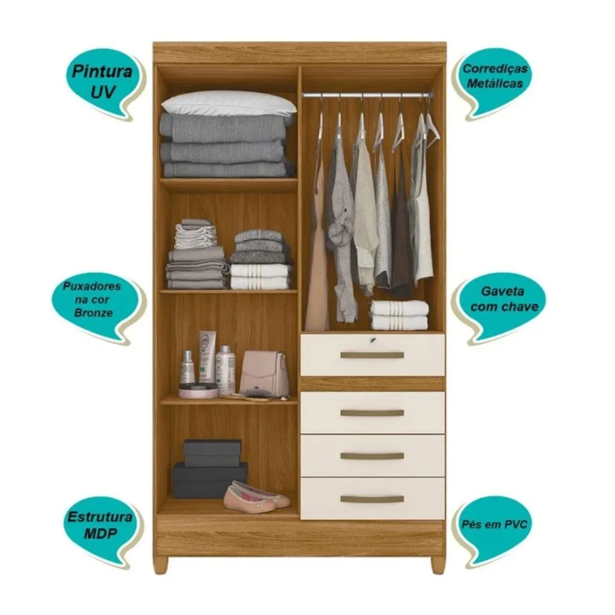 Guarda-Roupa Solteiro Sobral 4 Portas 4 Gavetas Com Espelho 870032 Freijó Off White