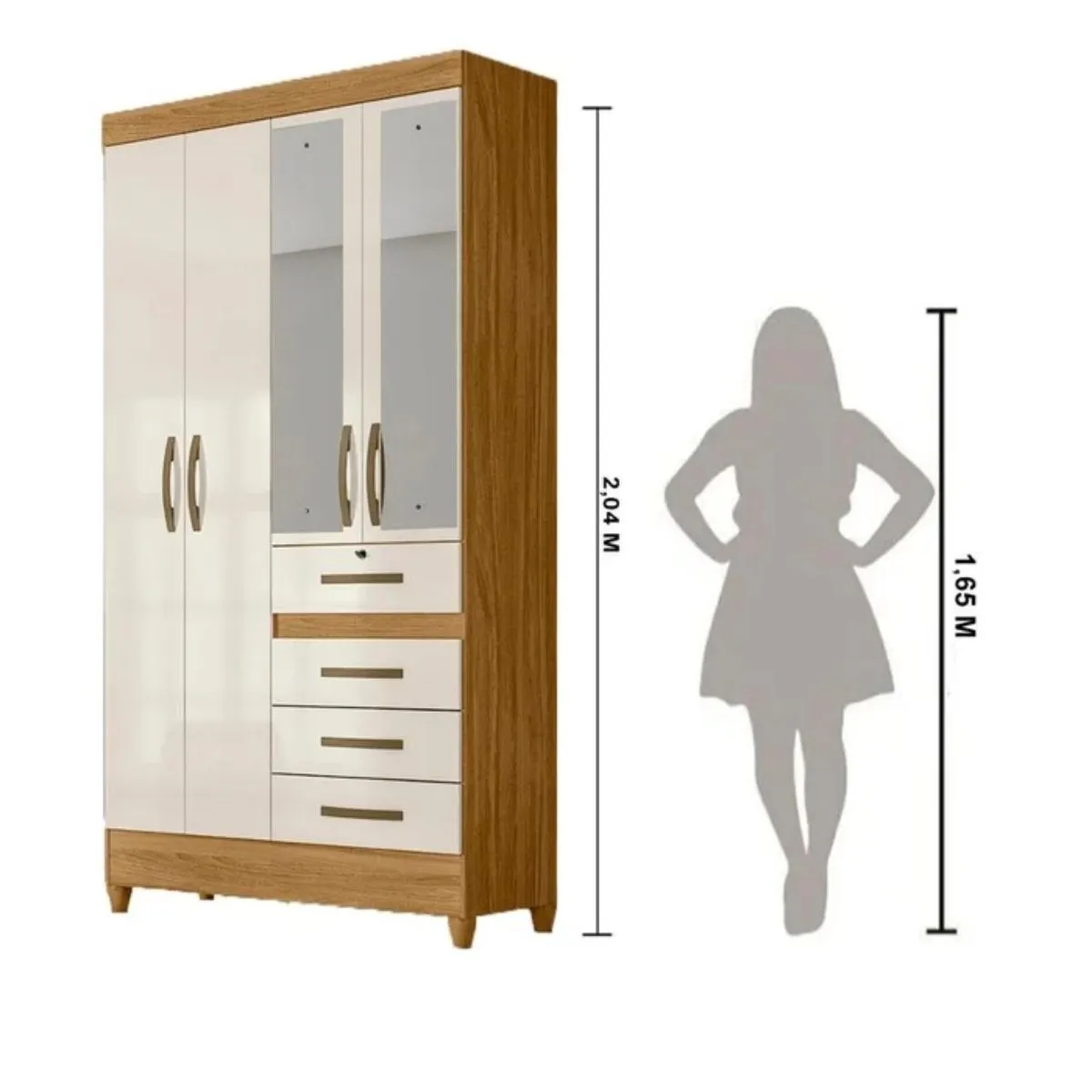 Guarda-Roupa Solteiro Sobral 4 Portas 4 Gavetas Com Espelho 870032 Freijó Off White