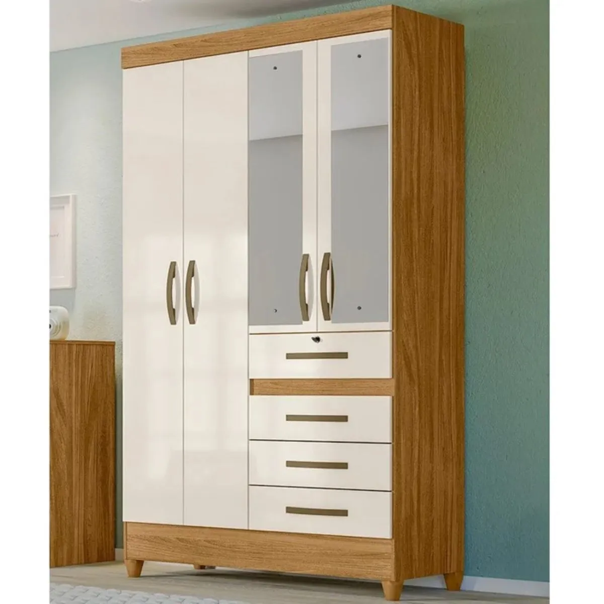 Guarda-Roupa Solteiro Sobral 4 Portas 4 Gavetas Com Espelho 870032 Freijó Off White