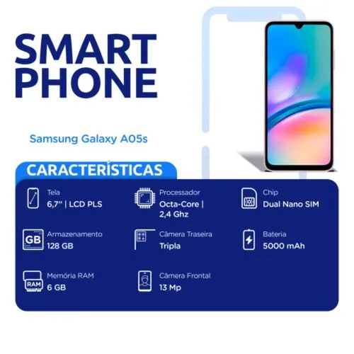 Smartphone Samsung Galaxy A05s 4G 128GB 6GB Ram Prata Octa-Core Câmera 50mp+2mp+2mp e Selfie 13mp Te