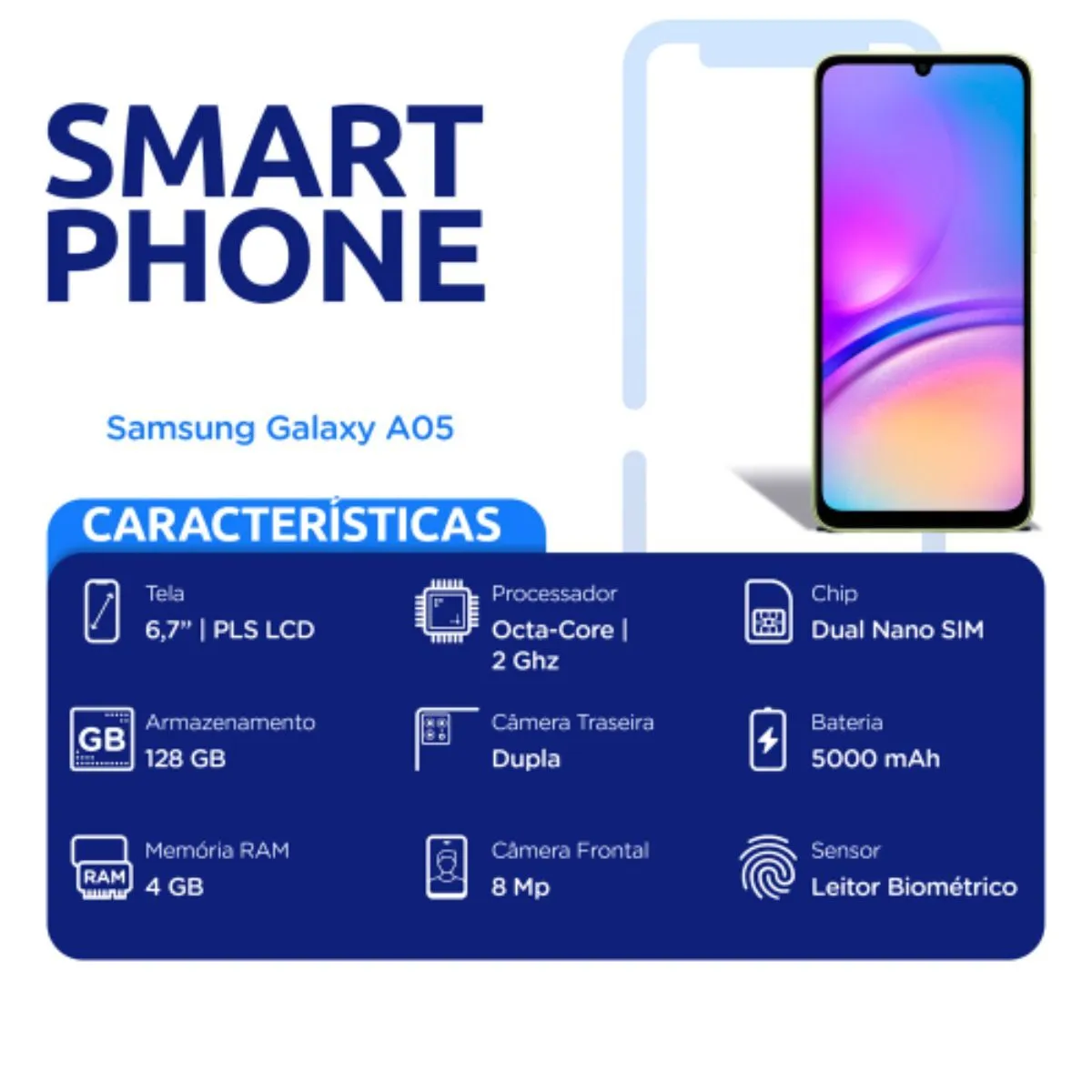 Smartphone Samsung Galaxy A05 128GB 4GB Preto Câmera Dupla 50mp+2mp e Selfie 8mp Tela 6.7