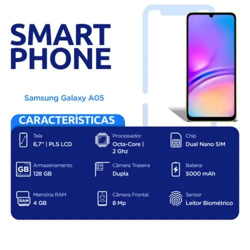 Smartphone Samsung Galaxy A05 128GB 4GB Prata Câmera Dupla 50mp+2mp e Selfie 8mp Tela 6.7