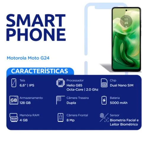 Smartphone Motorola Moto G24 4G 128GB Grafite Octa-Core Câmera Dupla 50mp+2mp e Selfie 8mp Tela 6.6