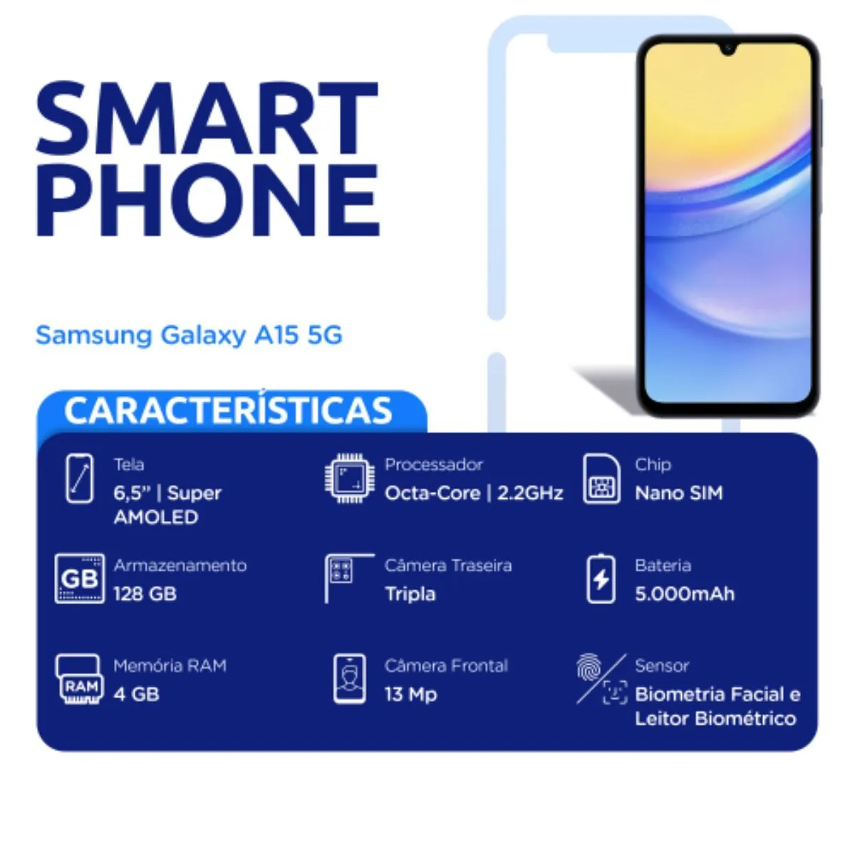 Smartphone Samsung Galaxy A15 5G 128GB 4GB Ram Azul Escuro Câmera Tripla 50MP + Selfie 13MP