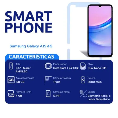 Smartphone Samsung Galaxy A15 4G 128GB 4GB Ram Azul Escuro Octa-Core Câmera 50MP+5MP+2MP e Selfie 13